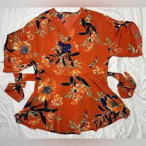 RD+KoKo Rust Orange Floral Wrap Blouse